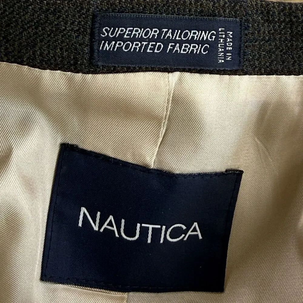 Nautica Sport Coat Men 46L Brown Blue Window Panes Three Button Notched Blazer